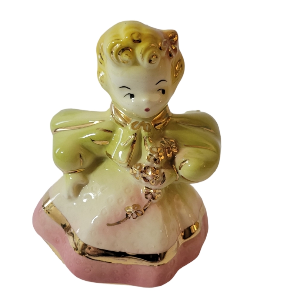 Vintage Shawnee Girl with Flowers Planter Green Pink Gold